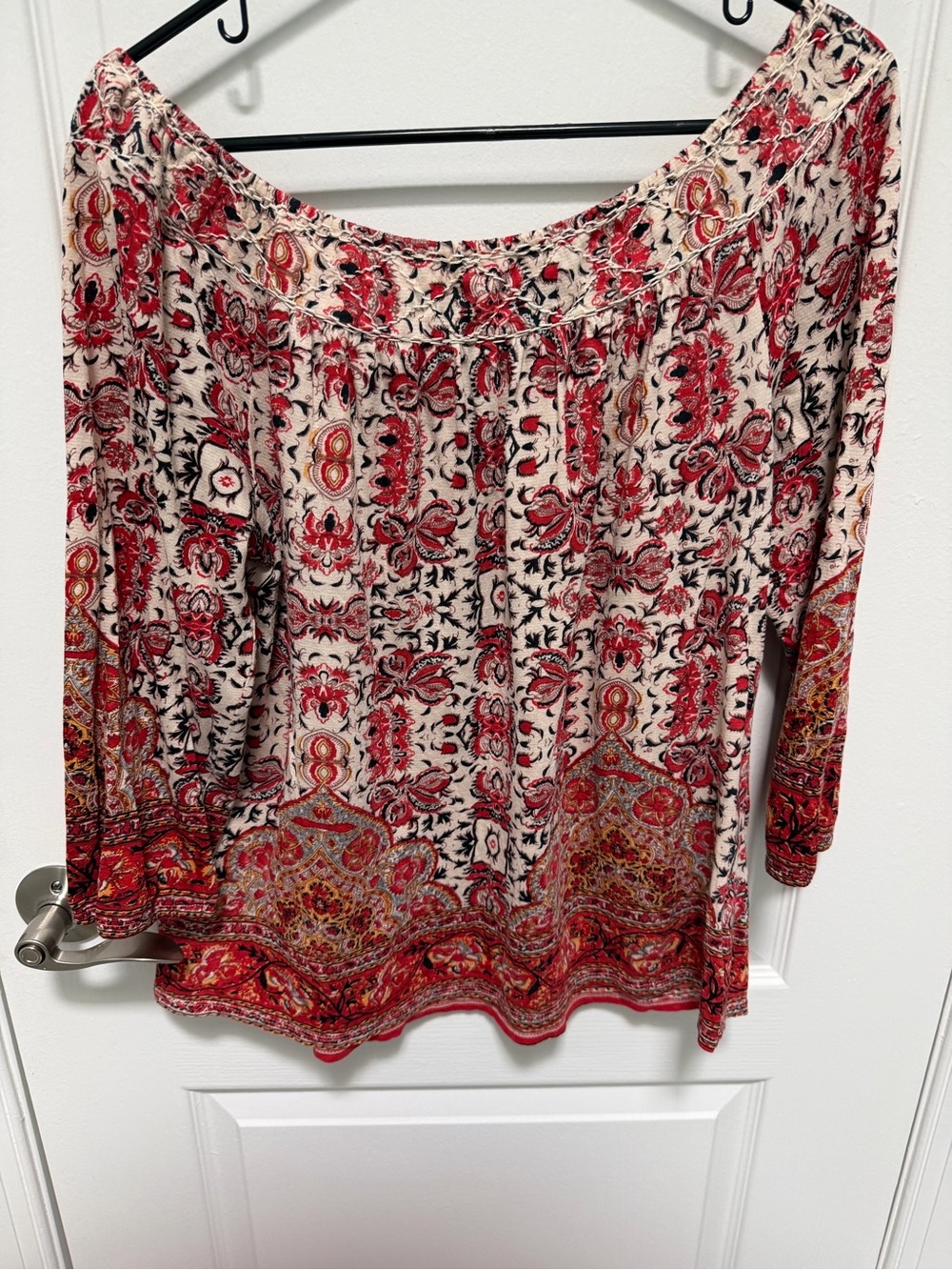 Women’s Boho Off-Shoulder Red Patterned Women’s Top, Size Large, 3/4 Sleeves